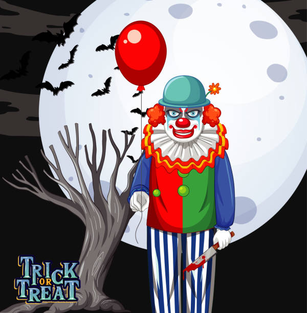 Scary clown holding balloon on full moon background Scary clown holding balloon on full moon background illustration scary clown mouth stock illustrations