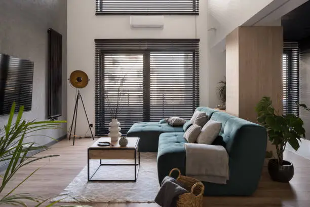 Modern and spacious living room with big windows with blinds, stylish furniture and decorations and wood decor