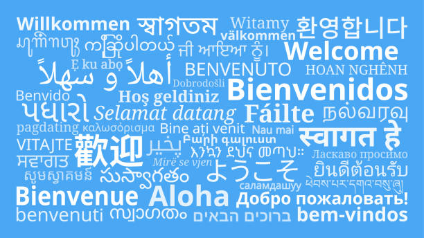 ilustraciones, imágenes clip art, dibujos animados e iconos de stock de mensajes de "bienvenida" en diferentes idiomas sobre fondo azul - variación