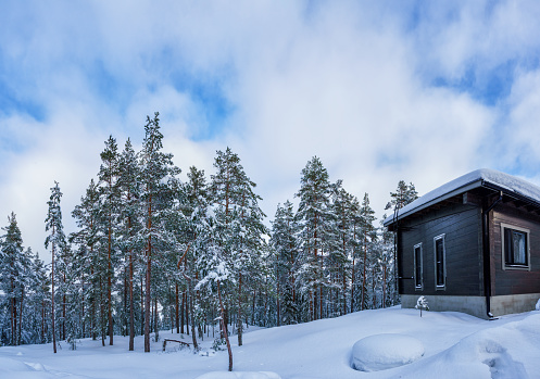 Wooden modern log cabin on a beautiful winter day in Salo, Finland.