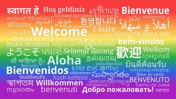 ilustrações, clipart, desenhos animados e ícones de mensagens de "boas-vindas" em diferentes idiomas no fundo do arco-íris - 1x