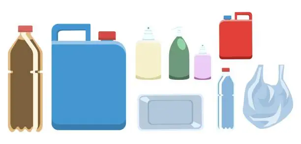 Vector illustration of Set of various plastic bottles, container and bag. Plastic waste, isolated on white background