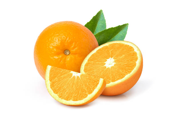 istock Orange fruit and half sliced with green leaf isolated 1404443307