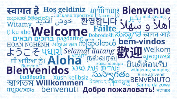 ilustrações, clipart, desenhos animados e ícones de mensagens "bem-vindas" em diferentes idiomas - 1x
