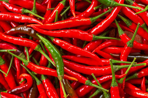 czerwone tło chili, świeże czerwone chili na sprzedaż w supermarkecie. - agriculture cooking food eating zdjęcia i obrazy z banku zdjęć