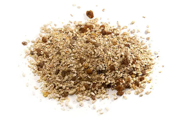 Delicious healthy muesli on a white background.