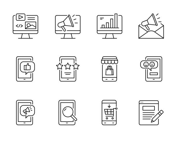 Digital marketing icon set Digital marketing icon set, Simple design with black lines on a white background. Iphone stock illustrations