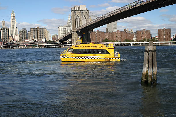 Water Taxi, Brooklyn Bridge A NYC water taxi drives under the Brooklyn Bridge. watertaxi stock pictures, royalty-free photos & images