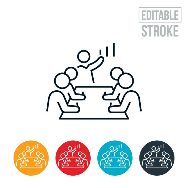 Boardroom Business Presentation Thin Line Icon - Editable Stroke An icon of a business person giving a presentation to a group of shareholders in a boardroom. The icon includes editable strokes or outlines using the EPS vector file. shareholders meeting stock illustrations