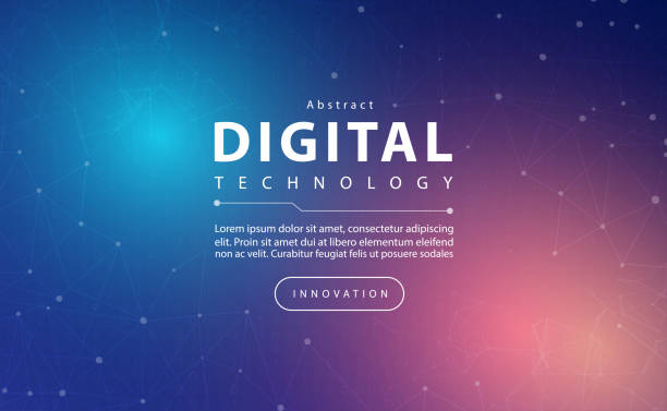 ilustrações, clipart, desenhos animados e ícones de tecnologia digital banner conceito de fundo azul rosa com efeito de luz de linha de tecnologia, tecnologia abstrata, inovação de dados futuros, cor do céu laranja, big data, linhas de conexão, vetor de ilustração - blue background orange background purple background light