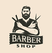istock Barbershop logo vintage. Beard or mustache shave and haircut. Male beauty vector illustration 1404460736