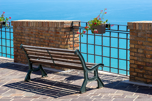 empty bench and view of the sea, background, summer, recreation, relax