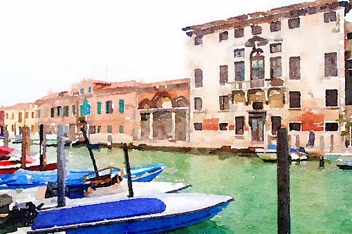 Watercolor drawing picture of Venice at Italy, Venezia watercolor.