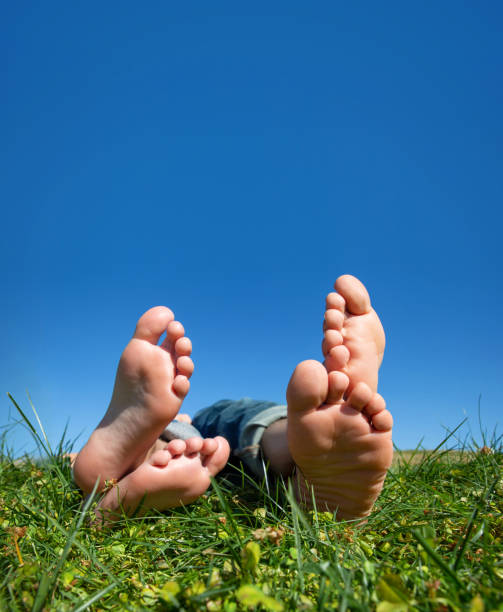 草の中に横たわる2人の足とつま先のクローズアップ - barefoot behavior toned image close up ストックフォトと画像
