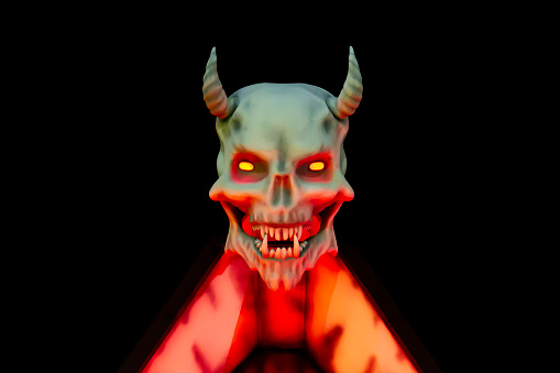 Scary demon with red glowing eyes on dark background