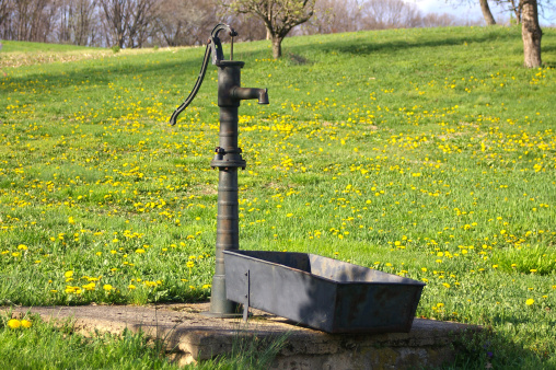 Water pump with a bucket in a garden