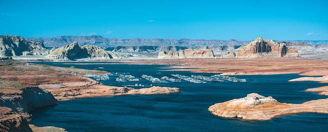 Aerial panorama view of Lake Powell near the city of Page on the border of Arizona and Utah, southwest USA.