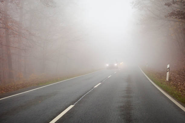 istock Autumnal road on a foggy day 1404468403