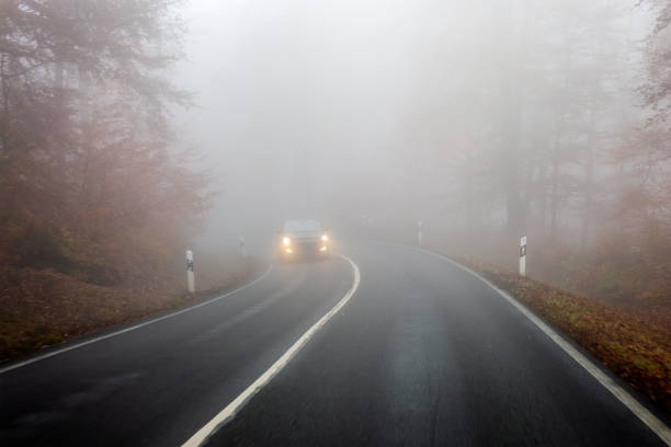 route automnale par une journée brumeuse - road marking road reflector road dividing line photos et images de collection