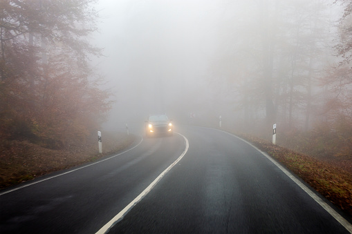 Dangerous road condition. Autumnal road through forest on a foggy day. Oncoming unrecognisable car ahead. Some minor motion blur.