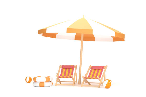 пляжный зонт, пляжный мяч, плавательное кольцо и шезлонг. концепция летних путешествий и отдыха. - beach ball isolated vacations single object стоковые фото и изображения