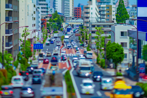 A miniature traffic jam at the urban street in Tokyo. Tokyo Japan 05.18.2022 Here is a downtown street in Tokyo.