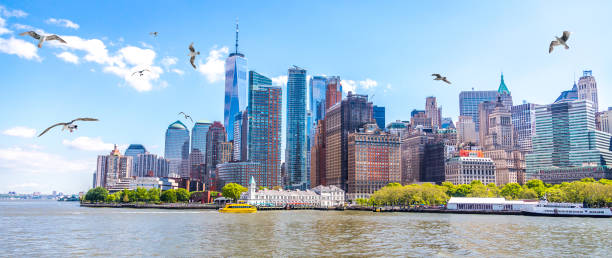 Skyline panorama of downtown Financial District and Lower Manhattan in New York City , USA with seagulls on foreground Skyline panorama of downtown Financial District and the Lower Manhattan, New York City, USA new york city built structure building exterior aerial view stock pictures, royalty-free photos & images