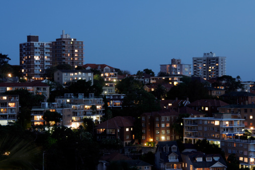 Residential Suburb At Night, Urban Buildings, Australia