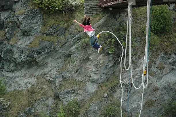 This girl screams at the top of her lungs while jumping into the canyon in New Zealand (home of the bungees)