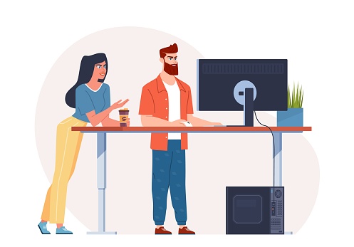 Freelancer works at home standing at the computer and discusses it with a girlfriend. Healthy lifestyle. Flat cartoon vector illustration on isolated white background