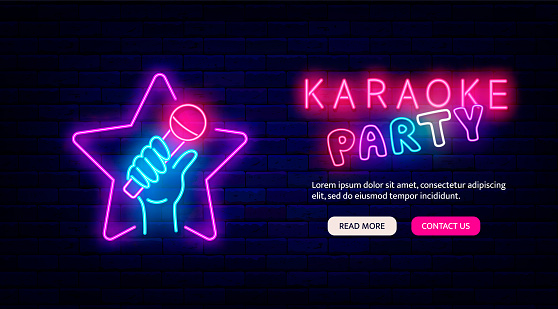Karaoke party neon promotion. Website landing page. Star shape and microphone in man hand. Light sign. Label for show. Outer glowing effect. Editable stroke. Vector stock illustration