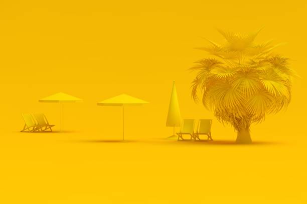 Summer concept with pink palm tree loungers and umbrellas