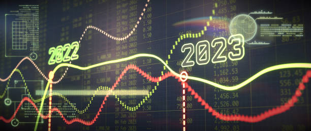 złożone cyfrowe infografiki w kolorze zielonym, na rok 2022 i 2023, z wieloma wykresami liniowymi i arkuszem kalkulacyjnym danych finansowych. z bliska, szeroka kompozycja pozioma. - stock market stock exchange banking stock market data zdjęcia i obrazy z banku zdjęć