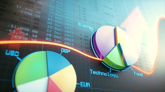 Forecasting timeline line graph with financial figures spreadsheet and 3D currency and industry pie charts. Close-up, defocused, composition.