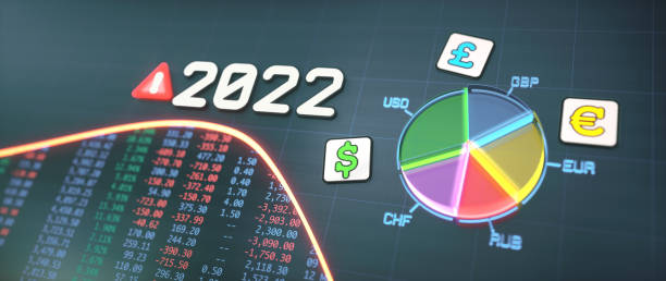 coloridas infografías de gráficos circulares de divisas para el año 2022, con un gráfico de líneas brillantes que baja, hojas de cálculo de cifras financieras e iconos de símbolos de moneda. amplia composición horizontal. - spreadsheet pie chart chart report fotografías e imágenes de stock