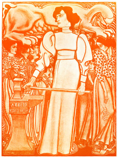 Woman fighting for labor rights art nouveau illustration 1898Art Nouveau is an international style of art, architecture, and applied art, especially the decorative arts, known in different languages by different names: Jugendstil in German, Stile Liberty in Italian, Modernisme català in Catalan, etc. In English it is also known as the Modern Style. The style was most popular between 1890 and 1910 during the Belle Époque period that ended with the start of World War I in 1914.Original edition from my own archivesSource : Deutsche Kunst und Dekoration Band I 1898