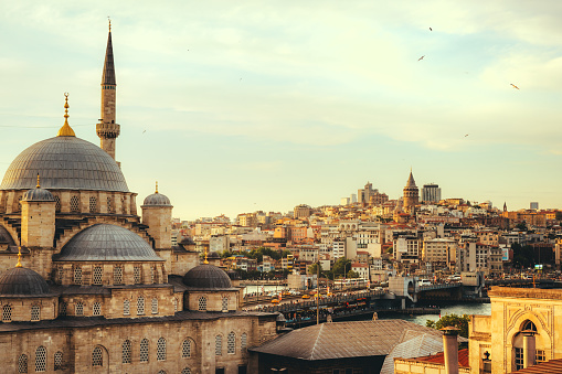 Istanbul views to Galata tower, Istanbul, Türkiye\nNew mosque on the left side