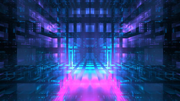 istock Digital interior building Hi tech Abstract data center server tonel. Business technology blurred Polygonal geometric digital cyberpunk space, color light. 3D render 1404484229