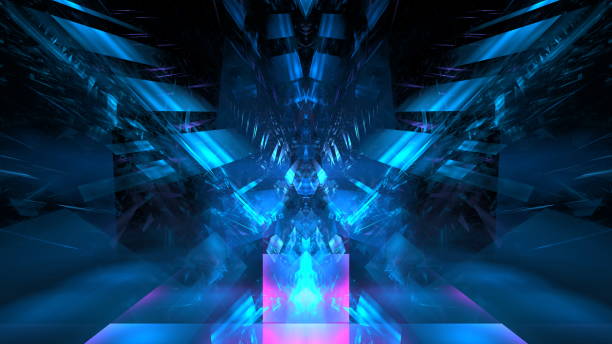 istock Digital interior building Hi tech Abstract data center server tonel. Business technology blurred Polygonal geometric digital cyberpunk space, color light. 3D render 1404484248