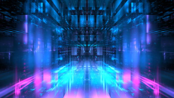 istock Digital interior building Hi tech Abstract data center server tonel. Business technology blurred Polygonal geometric digital cyberpunk space, color light. 3D render 1404484264