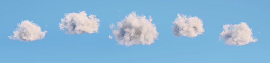 White cumulus clouds set isolated on blue background. 3D render. 3D illustration.