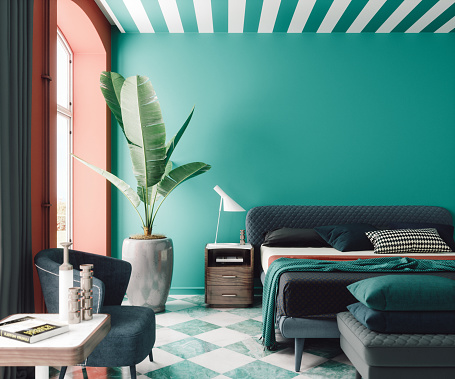 Modern Mid Century Bedroom Interior In Pastel Colors