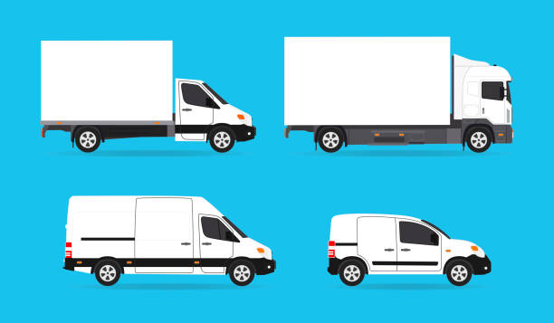 City commercial transport. Delivery car, truck, cargo van. Trucking business object collection design flat City commercial transport. Delivery car, truck, cargo van. Trucking business object collection design flat. Vector illustration mini van stock illustrations