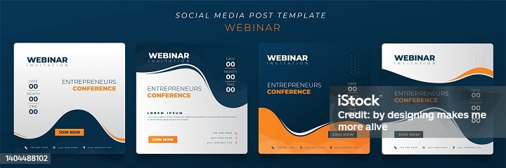 istock Set of social media post template in waving blue yellow background for webinar invitation design 1404488102