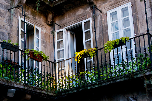 Town street facade detail, Santiago de Compostela old town, cast iron balconies,  potted plants, ivy, open doors. Galicia, Spain.