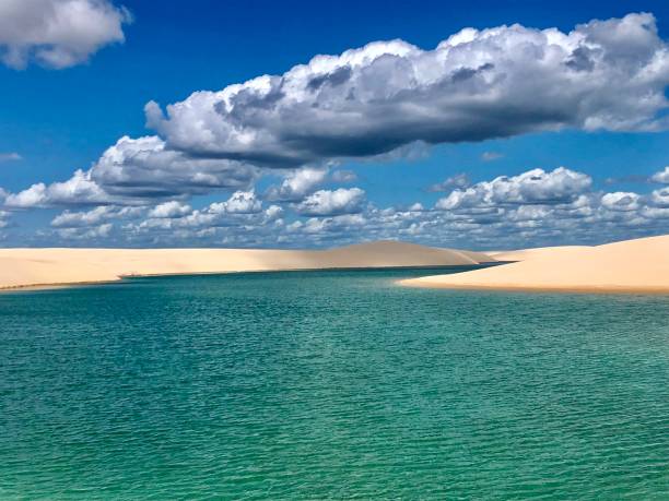 Green water lagoon in Lençois Maranhenses. Yellow sand and blue cloudy sky Lençóis Maranhenses Lagoon with green water. Blue sky with white clouds and yellowish sand. brazil desert maranhao state national park stock pictures, royalty-free photos & images