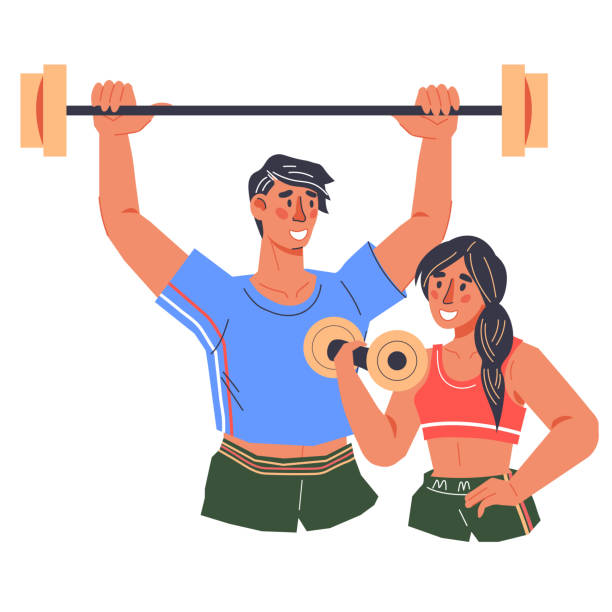 sportowy mężczyzna i kobieta na siłownię i klub fitness, płaski wektor. - health club gym young men dumbbell stock illustrations