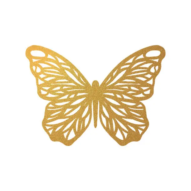 Vector illustration of Gold Glitter Butterfly Ornament. Design Element for Greeting Cards and Business Card Designs. Sparkling Butterfly with Gold Texture. Spring Holidays Decoration Design Element.