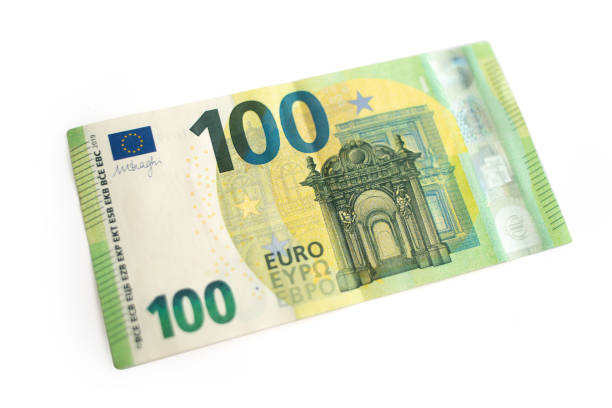 one hundred euro bill against white background - one hundred euro banknote imagens e fotografias de stock