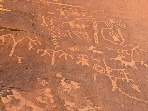 Petroglyphs at Atlatl Rock site in Valley of Fire State Park near Moapa Nevada